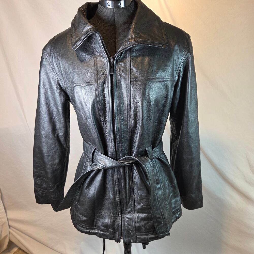 Wilsons Leather Women's M Belted Leather Jacket 3M Thinsulate Black Zip